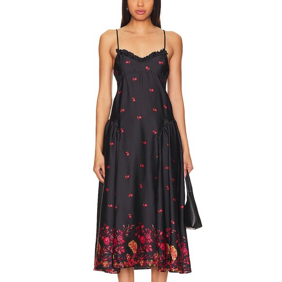 Free People Black Midi Dress with Red Floral Pattern - Picture 2 of 13